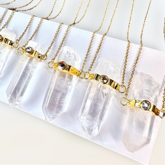 NEW Natural Clear Quartz Column Spear Pendant W/ Swarovski Crystal Accent - Picture 8 of 16